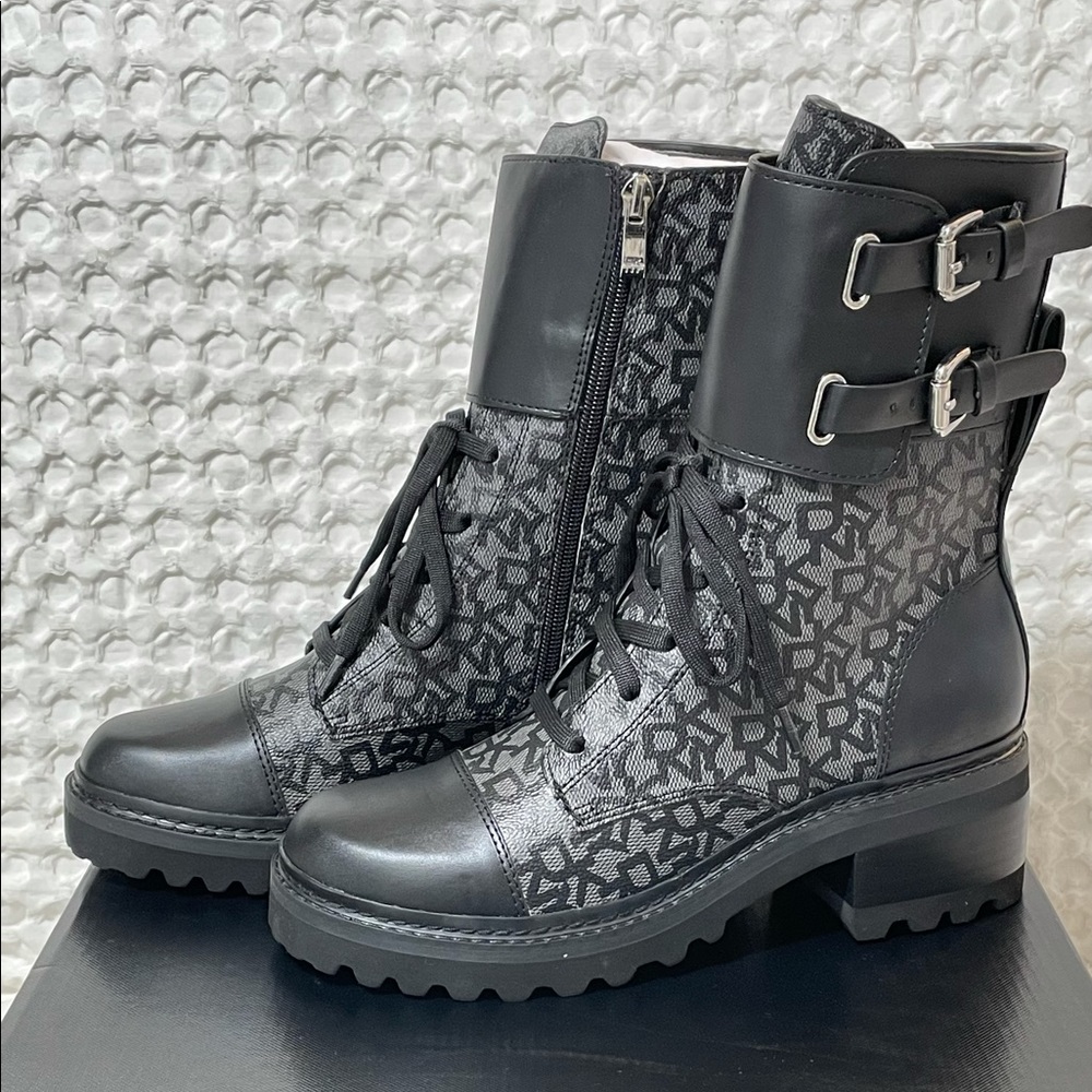 DKNY Bart Logo Black Combat Boots NIB
